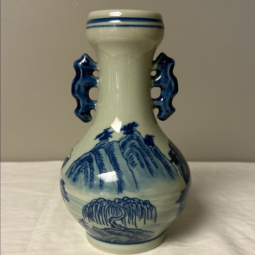 Blue & White Ceramic Landscape Vase Decorative Handles 8.25in